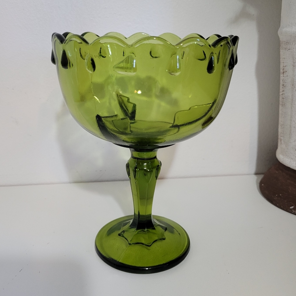 Vintage Indiana Glass Avocado Green Pedestal Compote Dish Bowl